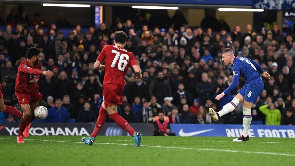 Ross Barkley scores Chelsea’s second goal during the FA Cup fifth-round tie against Liverpool at Stamford Bridge. Photograph: Daniel Leal-Olivas/AFP via Getty Images