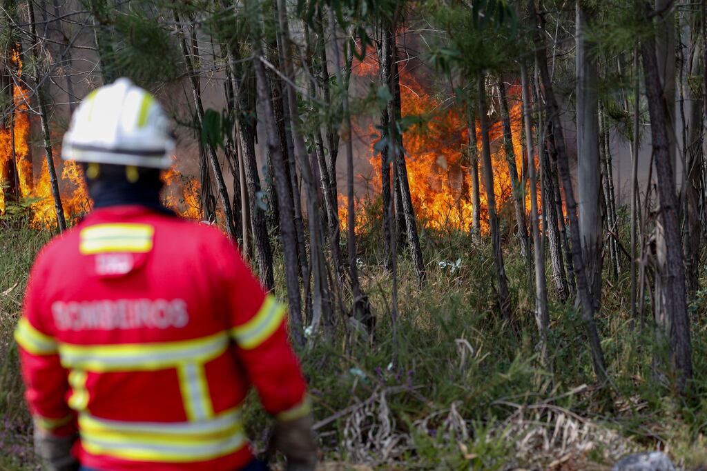 A firefighter looks on during firefighting operations at Espite in Ourem on July 13, 2022. - The fire that has been raging since the end of last week in part of the Santarem district restarted, helped by the exceptionally high temperatures, after being temporarily contained on July 11. The Santarem region was expecting record temperatures of 46 degrees, the highest in the country. Photo by Pedro Rocha/AFP via Getty Images