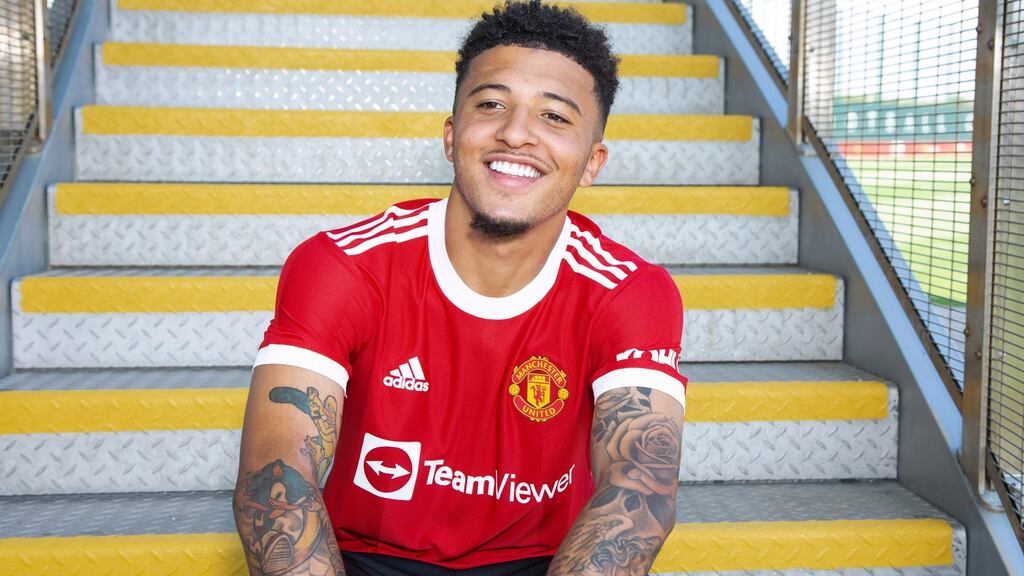 Manchester United’s new signing, Jadon Sancho, is unveiled at Carrington Training Ground in Manchester on Friday. Photograph:  Ash Donelon/Manchester United via Getty Images