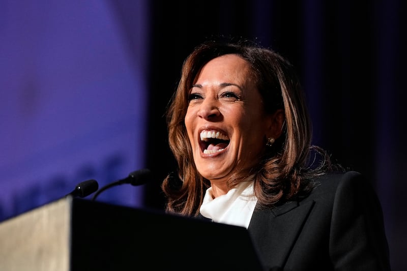 Former US vice-president Kamala Harris delivers the keynote speech on Wednesday at the Emerge 20th Anniversary Gala in San Francisco. Photograph: Godofredo A Vasquez/AP