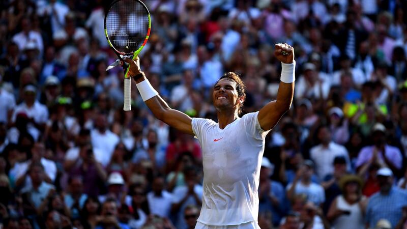 Rafael Nadal celebrates winning his men’s singles fourth-round match against Jiri Vesely at Wimbledon. Photograph: Clive Mason/Getty Images