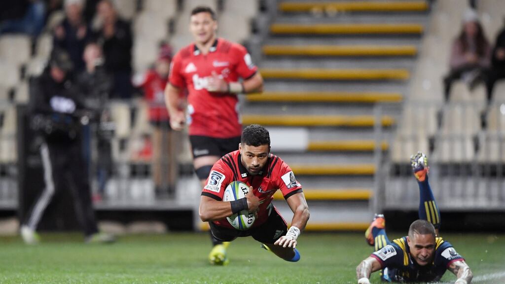 Richie Mo’unga of the Crusaders dives over to score a try during the Super Rugby quarter-final match against  the Highlanders  in Christchurch. Photograph: Kai Schwoerer/Getty Images