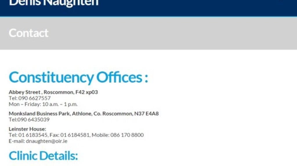 The amended contact information for Minister for Communications Denis Naughten’s constituency office