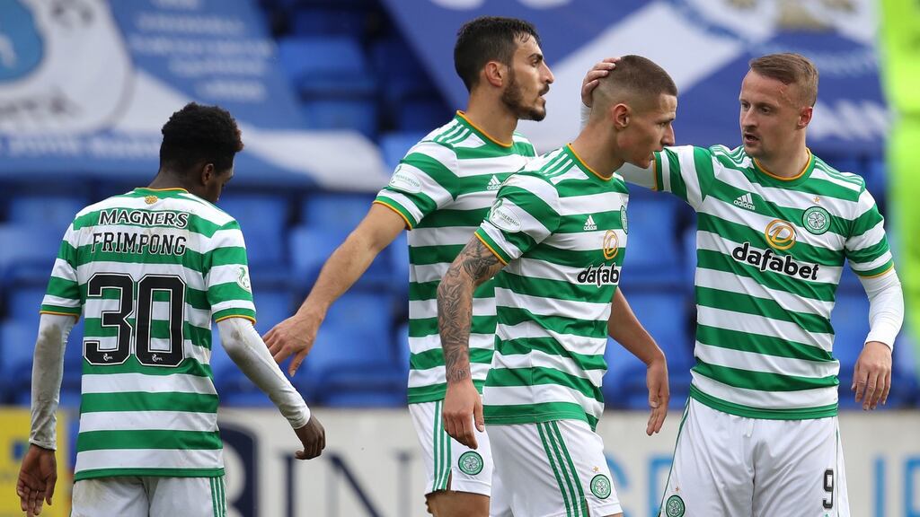 Celtic’s Patryk Klimala celebrates scoring his side’s second goal at McDiarmid Park. Photograph: PA