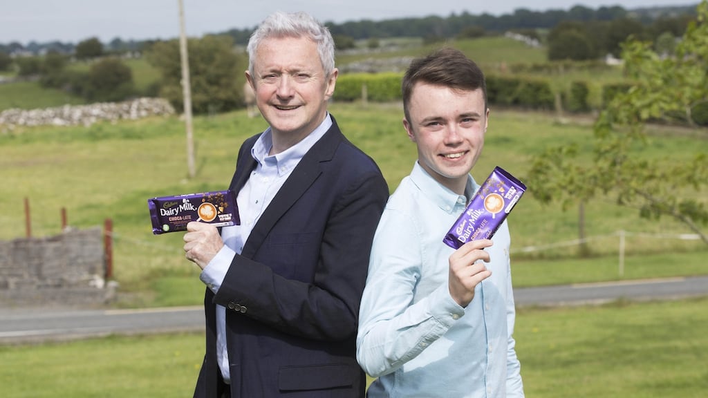 Louis Walsh  with Cadbury Inventor finalists Callum  Clogher  from Roscommon. Photograph: Brian Farrell/PA