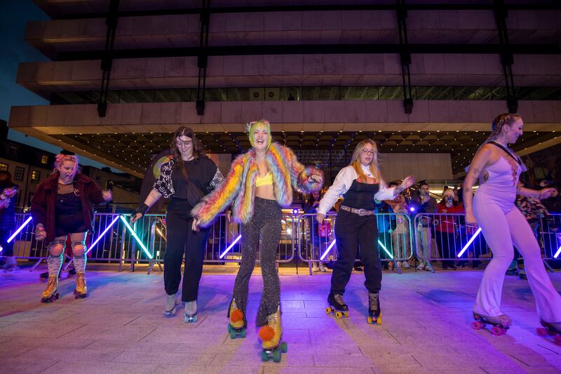 Skaters at the Roller Disco in Central Plaza as part of Culture Night Dublin 2023. Photograph: Tom Honan