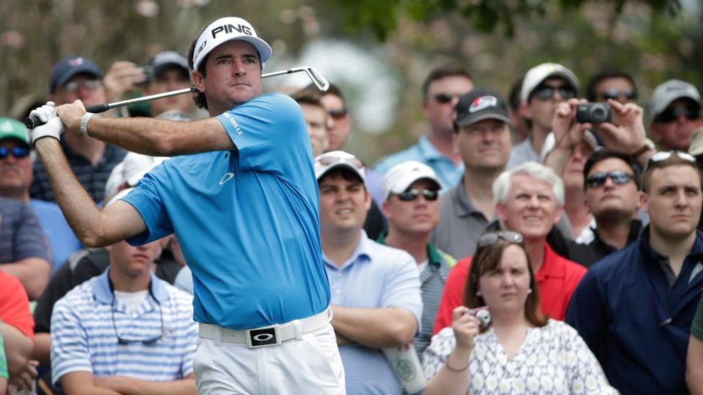 Bubba Watson hits his tee shot on the fourth hole during the first practice round at the 2015 Masters Tournament at Augusta. Photograph: Andrew Gombert/EPA.