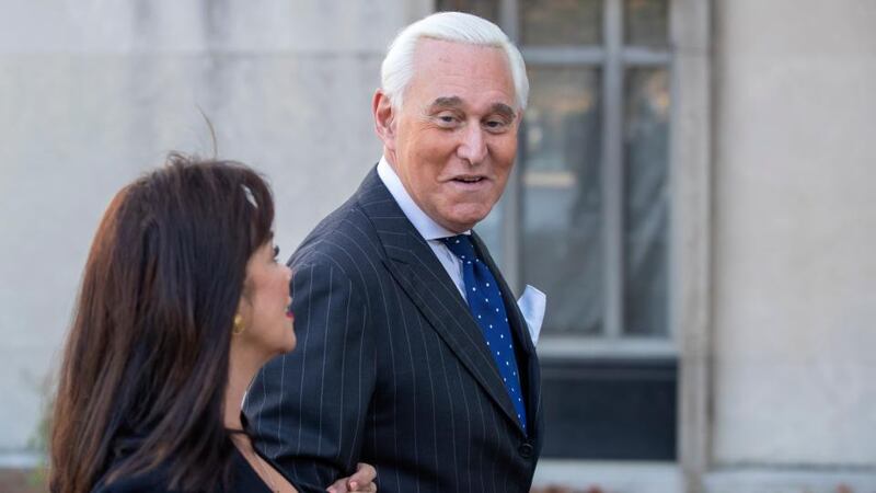 Roger Stone, former advisor to US president Donald Trump, arrives with his wife Nydia, for the second day of jury deliberations in his trial at DC Federal District Court in Washington, DC on Friday. Photograph: Erik S Lesser/EPA