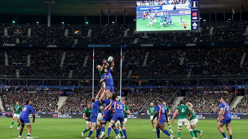 Francois Cros beats Iain Henderson to a critical lineout in France’s 22. Photograph: Dan Sheridan/Inpho