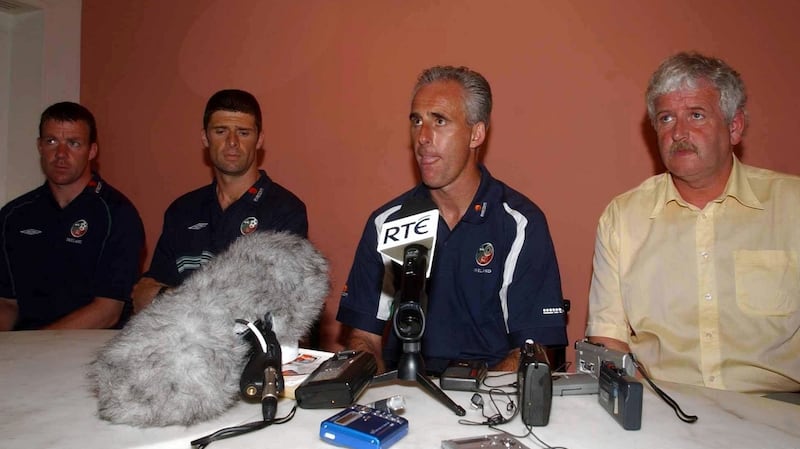 Mick McCarthy with Alan Kelly, Niall Quinn and FAI president Milo Corcoran at a press conference to announce Keane was going home. Photograph: David Maher/Sportsfile