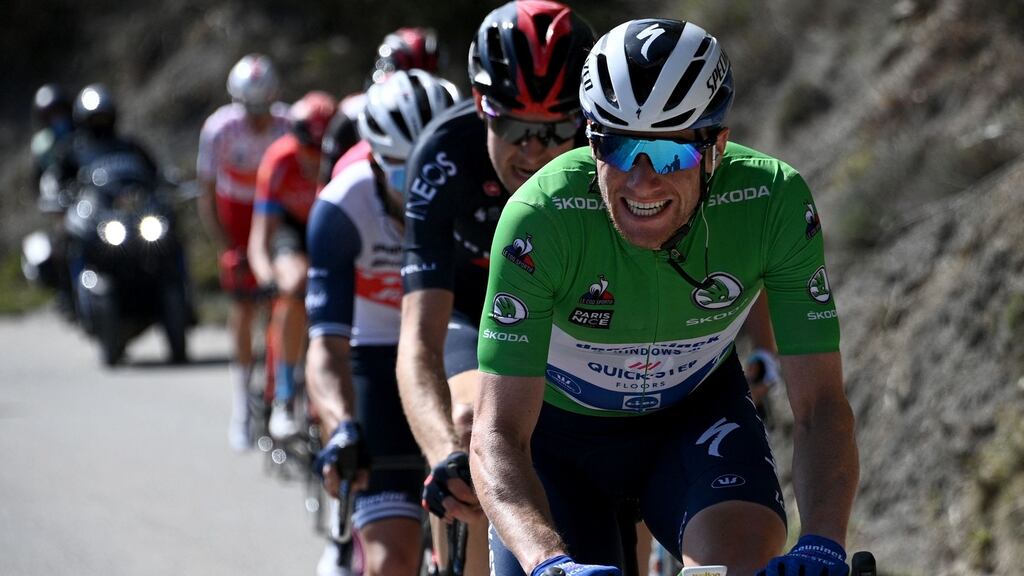 Team Deceuninck rider Ireland’s Sam Bennett wearing the best sprinter’s green jersey. Photo: Anne-Christine Poujoulat/AFP via Getty Images