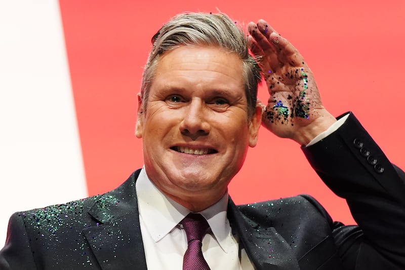 Britain's prime minister Keir Starmer at a UK Labour Party conference after a protestor threw glitter on him. Photograph: Ian Forsyth/Getty