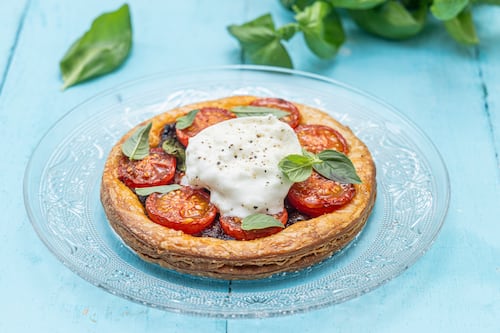 Mark Moriarty’s recipe for roast tomato and burrata galette with basil