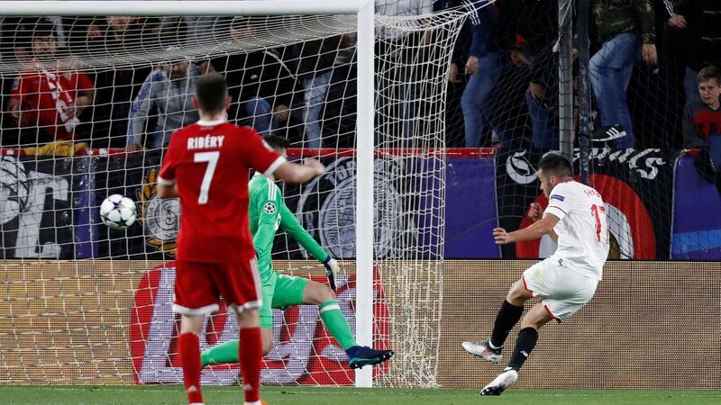 Pablo Sarabia gives Sevilla an early lead against Bayern Munich. Photograph: Sergio Perez/Reuters