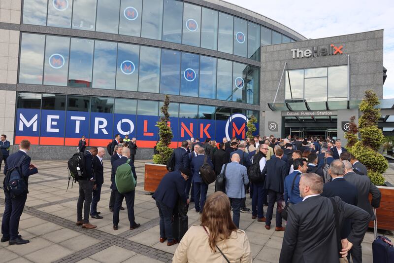 04/09/2025. Guests arrive at MetroLink Market Engagement Event at The Helix, DCU, Glasnevin, Dublin. Photograph: Dara Mac Dónaill