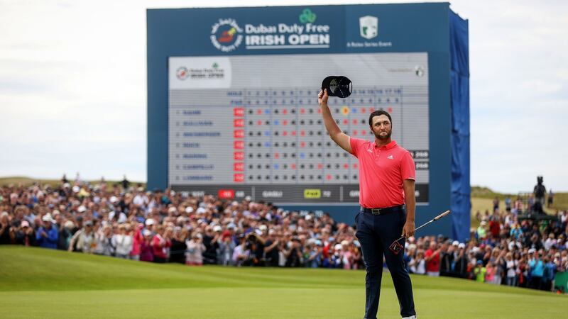 Jon Rahm celebrates his 2019 Irish Open victory. Photograph: Oisin Keniry/Inpho