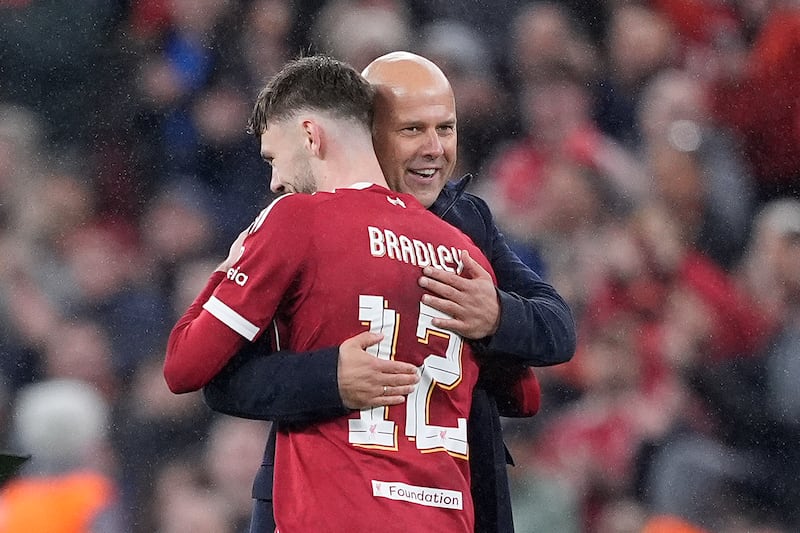 Liverpool manager Arne Slot and Conor Bradley after the UEFA Champions League, league stage match against Real Madrid at Anfield, Liverpool. Photograph: Peter Byrne/PA Wire