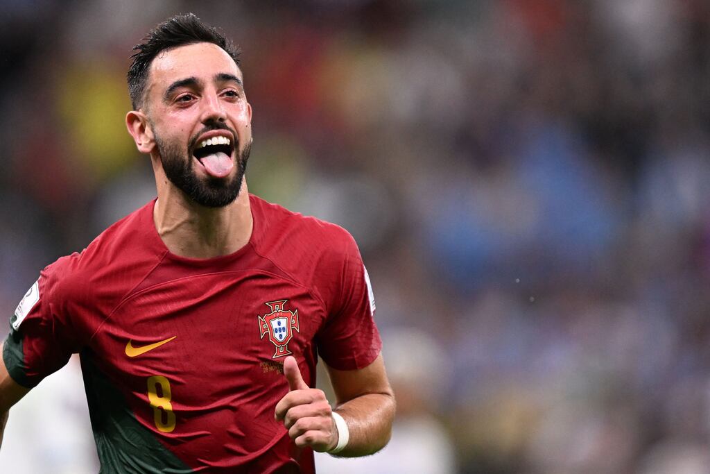 Portugal's midfielder #08 Bruno Fernandes celebrates scoring against Uruguay. Photograph: Kirill Kudryavtsev/AFP via Getty