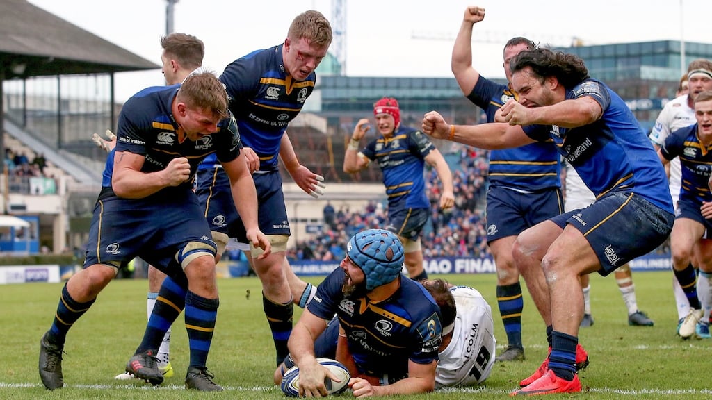 Leinster’s Scott Fardy scores a try during his side’s 55-19 triumph against Glasgow. Photograph: Tommy Dickson/Inpo
