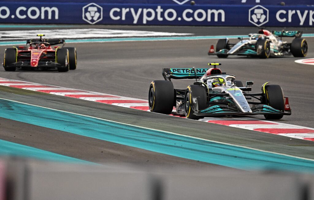 Mercedes' driver Lewis Hamilton (front) during the Grand Prix at the Yas Marina Circuit in the Emirati city of Abu Dhabi on November 20th, 2022. Photograph: Karim Sahib/AFP via Getty Images