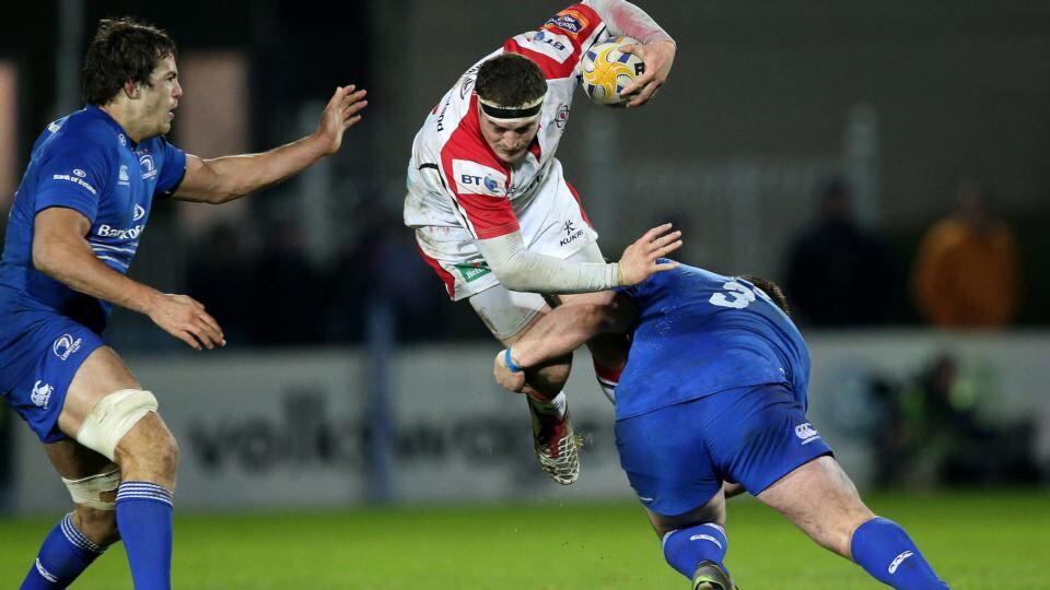 Ulster’s Rob Herring is tackled by Leinster’s Martin Moore. Both are uncapped inclusions in the Ireland squad today. Photograph: Billy Stickland/Inpho