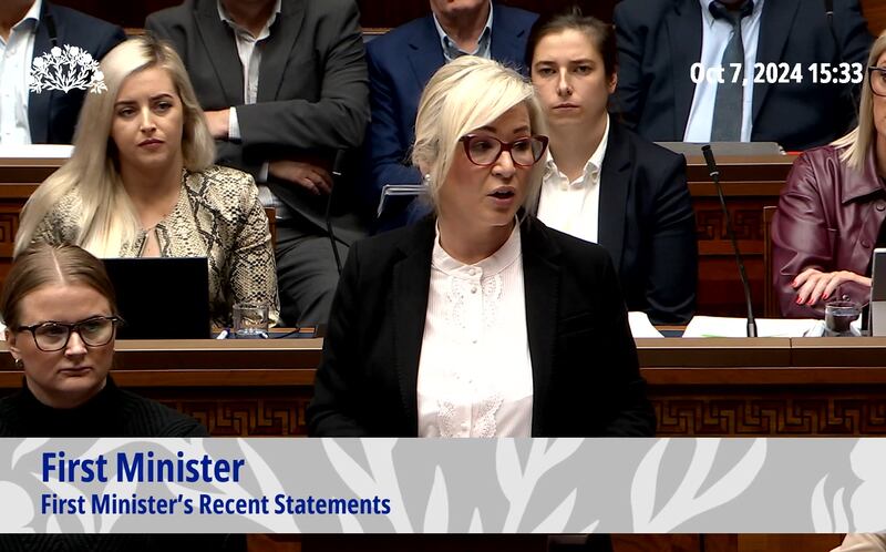Northern Ireland First Minister Michelle O'Neill answering questions in the Northern Ireland Assembly around her party's handling of former employee Michael McMonagle, who admitted child sex offences last month. Photograph: NI Assembly Broadcasting/PA