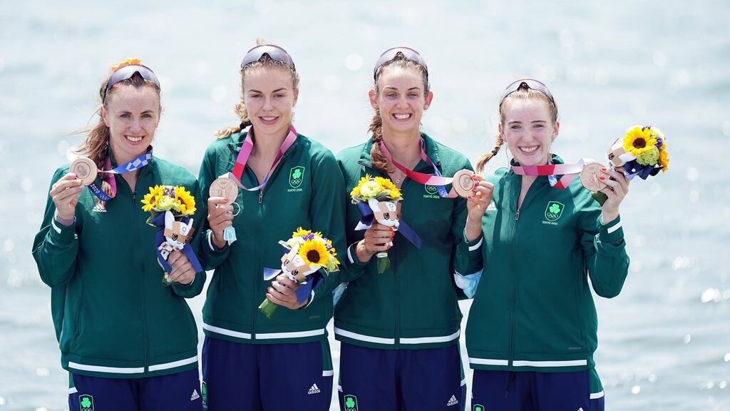 Ireland’s Aifric Keogh, Fiona Murtagh, Eimear Lambe and Emily Hegarty after the Women’s Four final in Tokyo, Japan. Photograph: Mike Egerton/PA Wire
