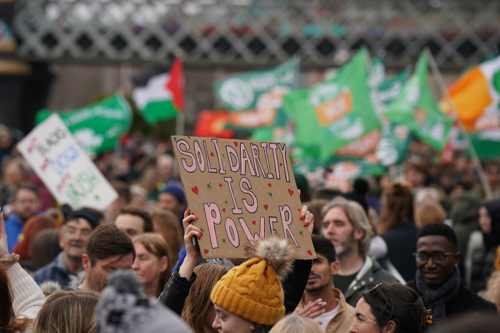 People take part in a demonstration in support of migration and diversity in Dublin city centre in February 2023. Photograph: Niall Carson/PA
