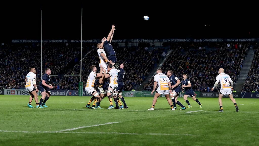 Leinster’s Devin Toner and Brad Shields of Wasps in the lineout during last week’s Heineken Cup game. Toner admits his side were forced to make adjustments. Photograph: Dan Sheridan/Inpho