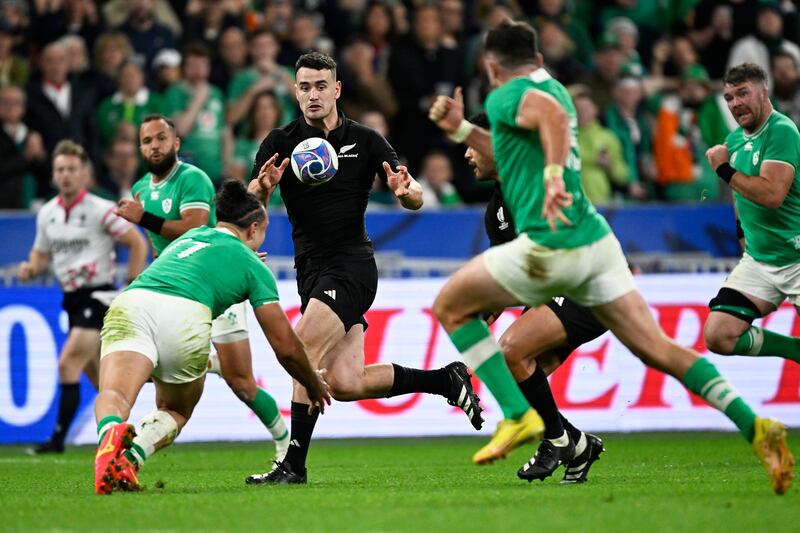 New Zealand’s Will Jordan makes a break on his way to scoring a try. Photograph: Andrew Cornaga/Photosport