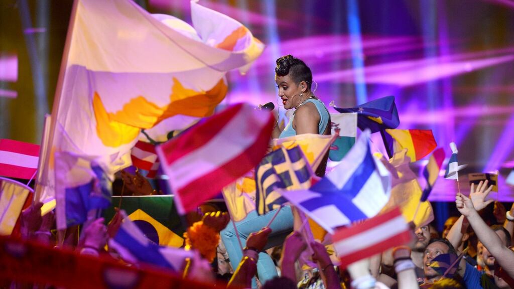 Eurovision Finland’s Sandhja (centre) performs with the song Sing It Away during 2016 semi-final. Photograph: Reuters