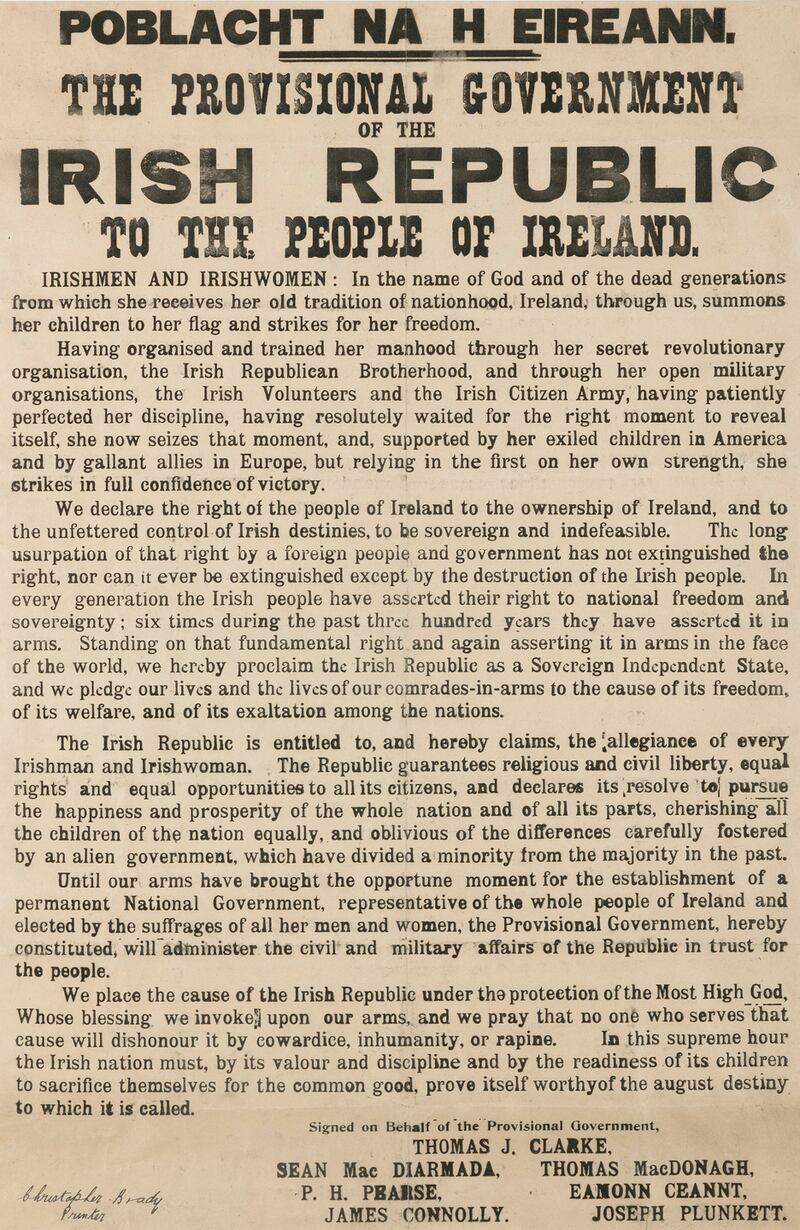 1916 Proclamation – Original copy of the foundation document of the modern Irish nation signed by the printer Christopher Brady, €150,000-€200,000, Adam’s