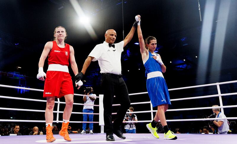 Michaela Walsh looks dejected as Svetlana Kamenova Staneva of Bulgaria is announced the winner in the 57kg last 16 clash. Photograph: James Crombie/Inpho