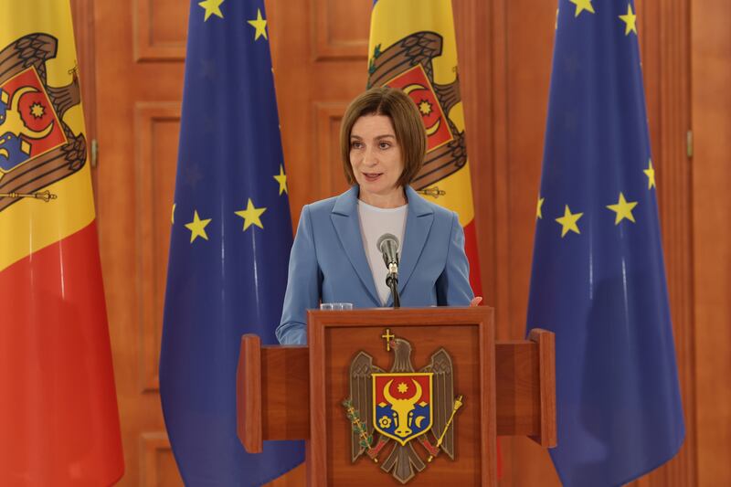 Maia Sandu, Moldova's president, speaks at a news conference following electoral victory in Chisinau, Moldova, on Monday. Photograph: Elena Covalenco/Bloomberg