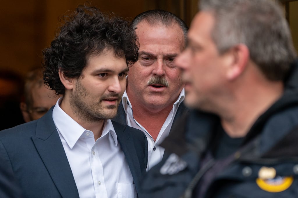 FTX founder Sam Bankman-Fried leaves Manhattan Federal Court after his arraignment and bail hearings earlier this month. Photograph: David Dee Delgado/Getty Images