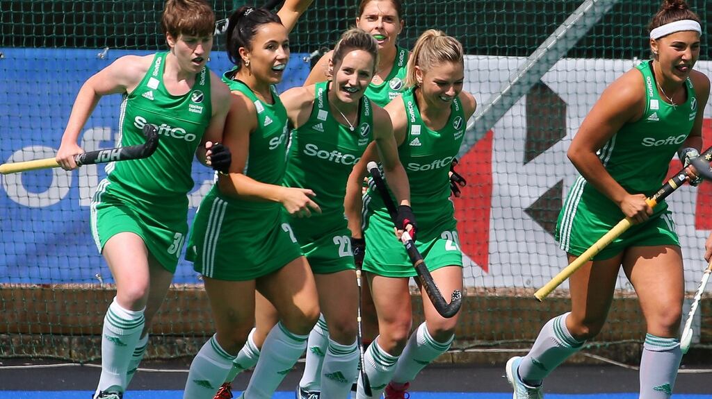 Anna O’Flanagan and her Irish teammates celebrate a goal against the Czech Republic at Banbridge Hockey Club. Photograph: Jonathan Porter/Inpho/Presseye