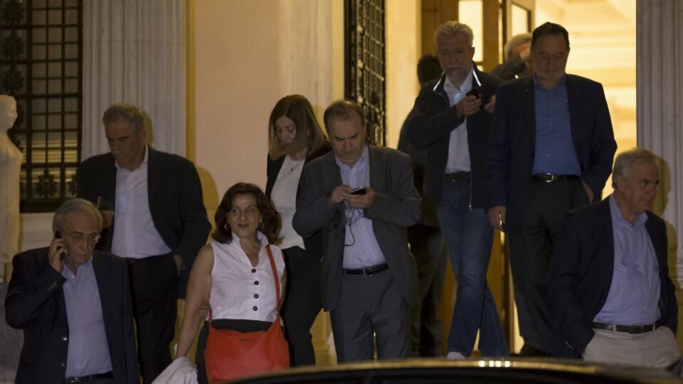 Greek ministers leave the Maximos Mansion after a governmental council in Athens on Saturday. Greece will hold a referendum on July 5th to decide whether the country should accept or reject a bailout agreement offered by creditors. Photograph: Reuters
