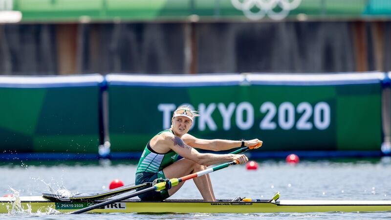 Sanita Puspure during her women’s singles sculls quarter-final at the Tokyo 2020 Olympic Games. Photo: Morgan Treacy/Inpho