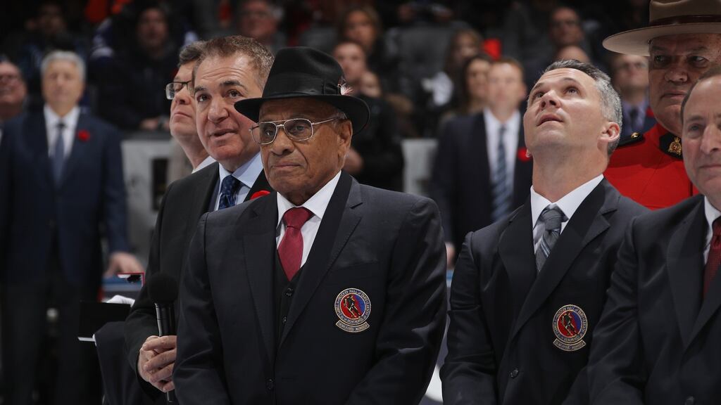 Hall of Fame inductee Willie O’Ree is honoured prior to the 2018 Hockey Hall of Fame Legends Classic Game at the Scotiabank Placein Toronto, Ontario, Canada. Photo: Bruce Bennett/Getty Images