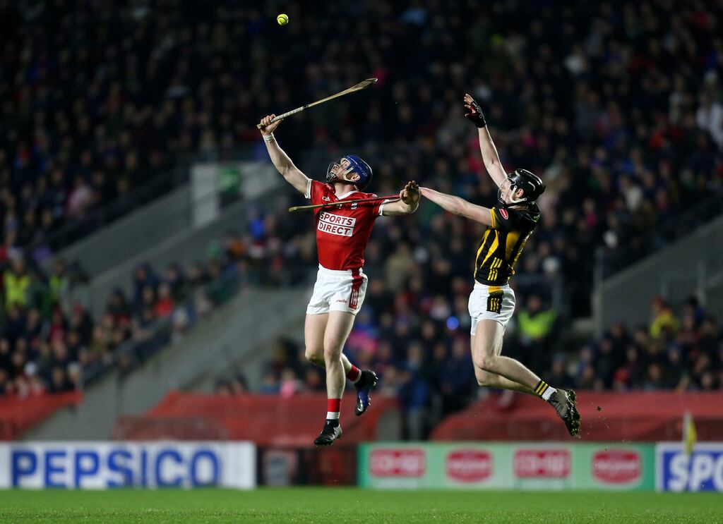 Cork's Conor Lehane and Kilkenny's David Blanchfield battle for possession during the Allianz Hurling League Division 1A game at SuperValu Páirc Uí Chaoimh. Photograph: Ken Sutton/Inpho