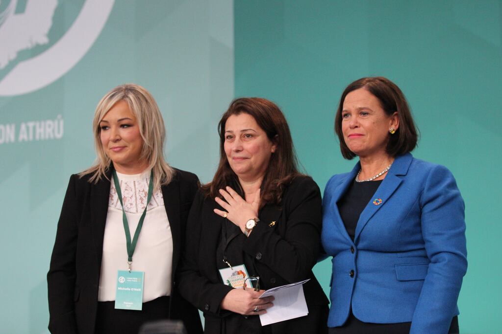 Sinn Fein party vice-president Michelle O'Neill, Palestinian ambassador to Ireland Dr Jilan Wahba Abdalmajid and party leader Mary Lou McDonald TD at the Sinn Fein Ard Fheis in Athlone, County Westmeath. Photograph: Sinn Fein/PA Wire.