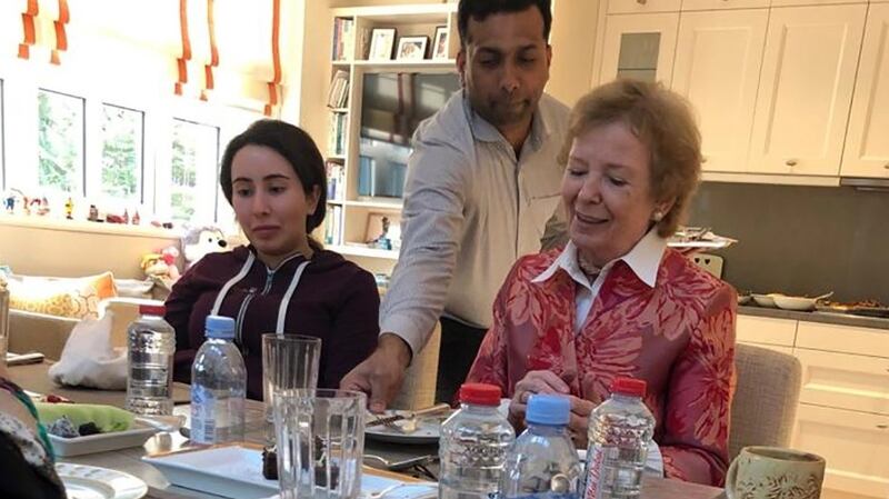 A handout image provided by United Arab Emirates News Agency on December 24th, 2018 shows Sheikha Latifa bint Mohammed bin Rashid al-Maktoum having a meal with former president Mary Robinson. Photograph: AFP/Getty Images