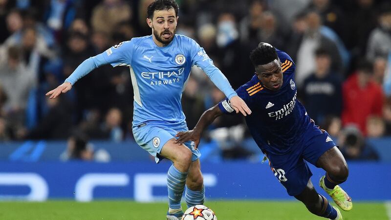 Manchester City’s Bernardo Silva in action against Real Madrid’s Vinicius Junior. Photograph: Peter Powell/EPA