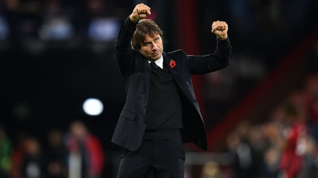 Chelsea’s head coach Antonio Conte celebrates on the pitch after their Premier League win over Bournemouth. Photo: Glyn Kirk/Getty Images