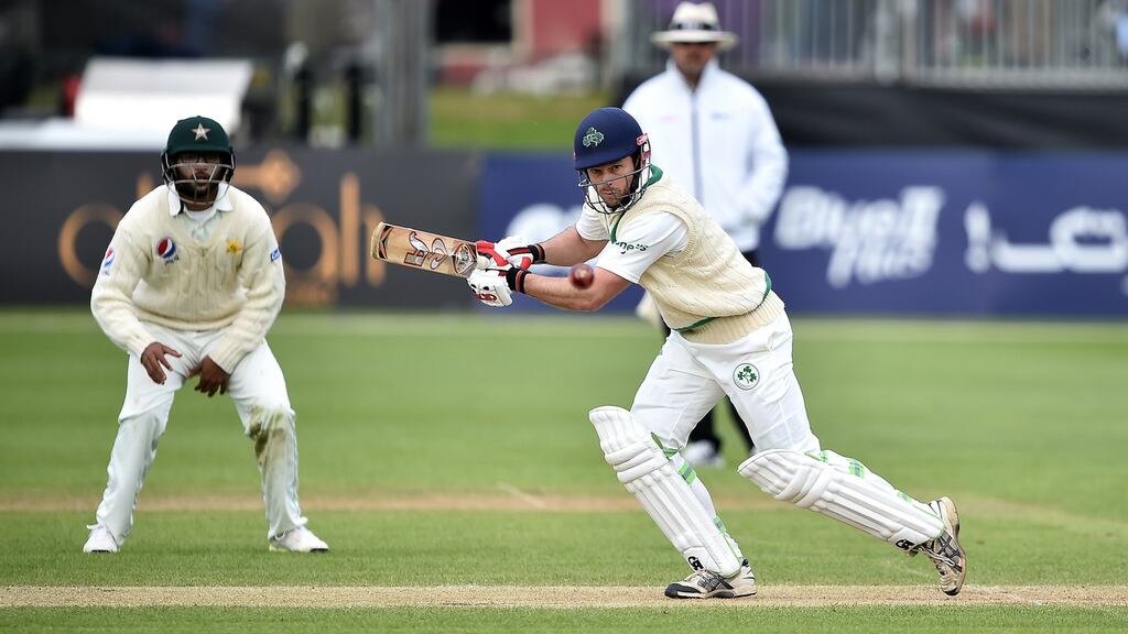 Ireland’s Ed Joyce plays a delivery during the third day of the Test cricket match against Pakistan in Malahide, Ireland. Photograph: Charles McQuillan/Getty Images