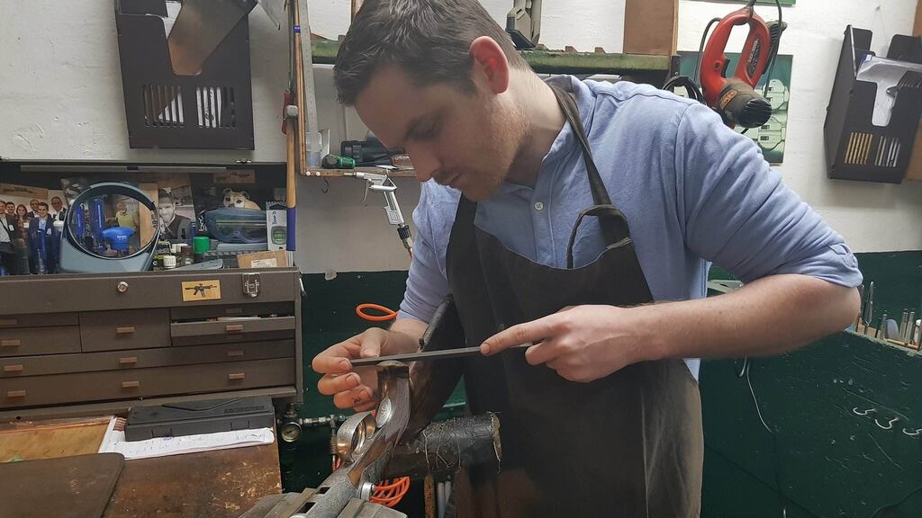Sam Sheeran in the workshop in Germany where he is training to be a master gunsmith