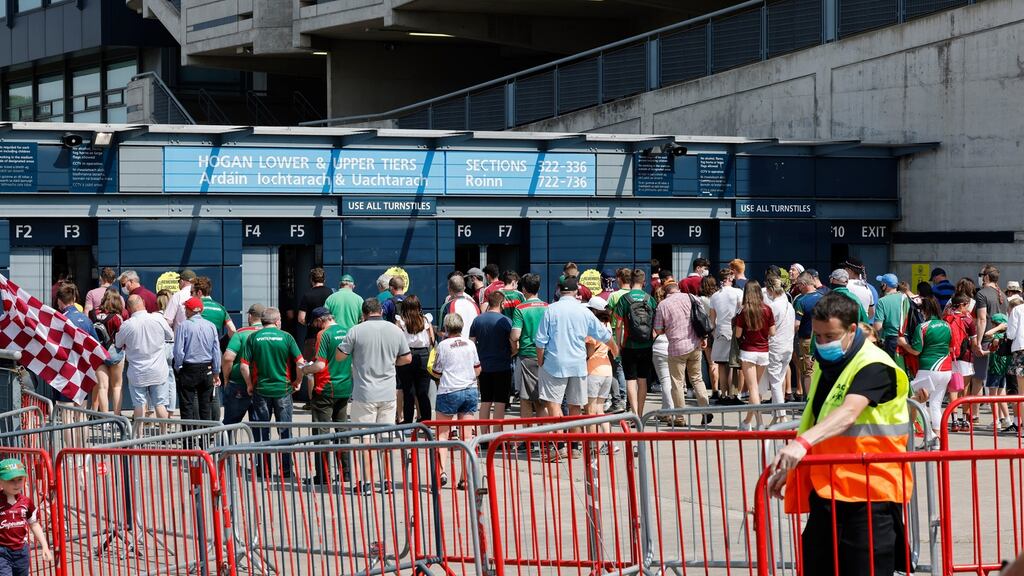 Spectators on their way in to Croke Park to watch the Connacht final between Galway and Mayo on Sunday. Photograph: Alan Betson