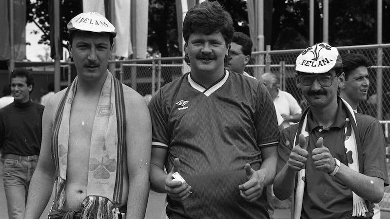 Irish fans at the Republic of Ireland v England game in Stuttgart during the 1988 European Championship Finals. Photograph: Jim O’Kelly/Independent News And Media/Getty Images