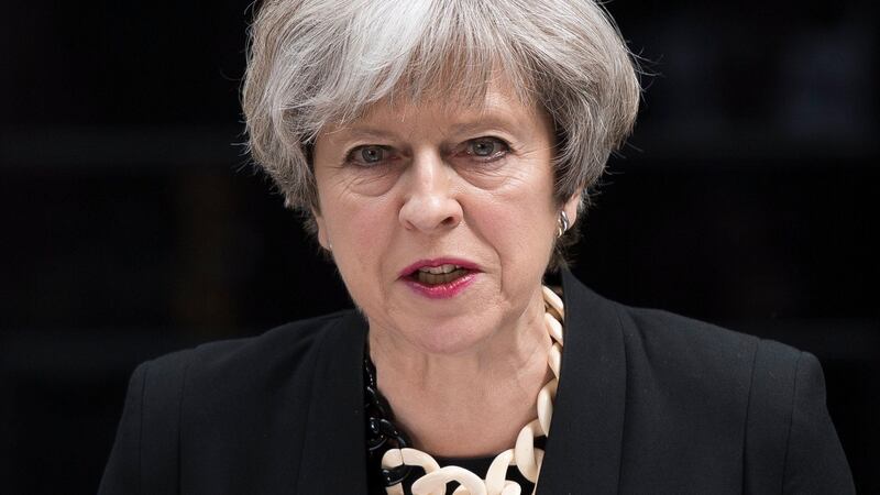 British prime minister Theresa May delivers a statement at Downing Street on Sunday. Photograph: EPA