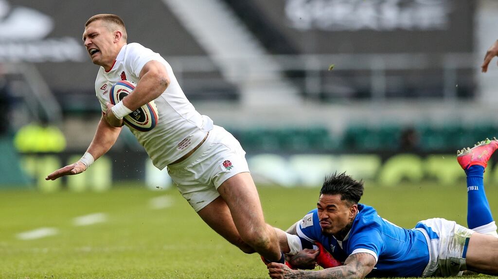 Henry Slade is tackled by Monty Ioane during England’s win over Italy. Photograph: Andrew Fosker/Inpho